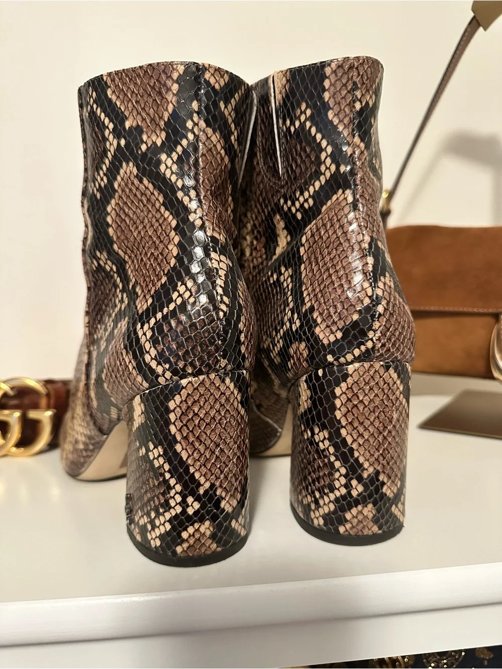 Sam Edelman Snake-Print Pointed Toe Ankle Boots in Brown